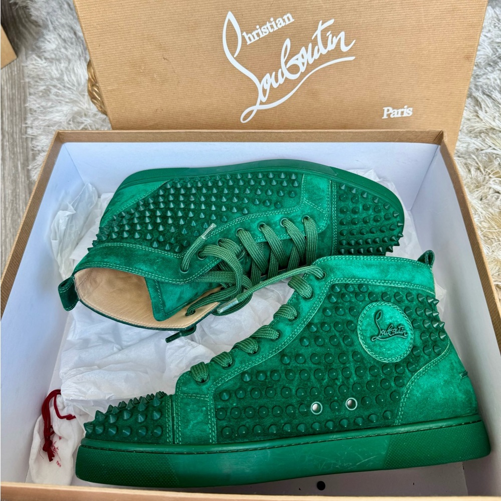Christian Louboutin Louis Suede Green Spikes Sneakers